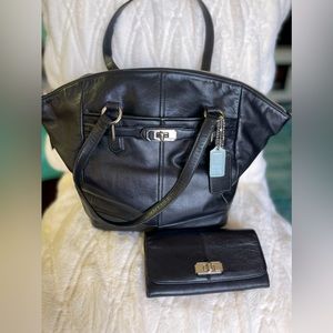 Coach, leather handbag and wallet in black